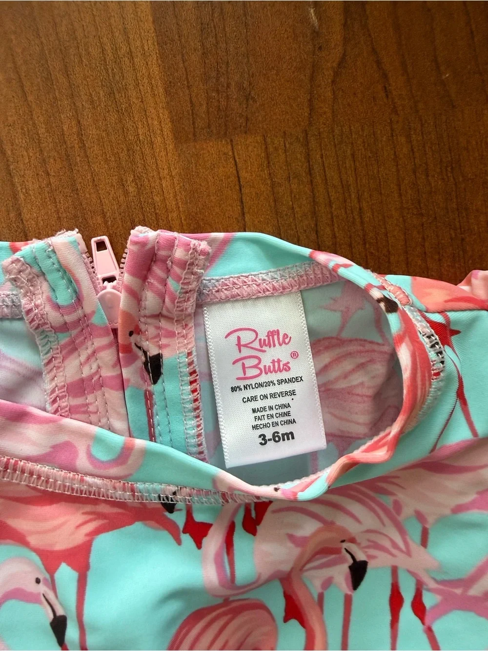 Ruffle Butts Pink & Aqua Flamingo One-Piece Swim with hat